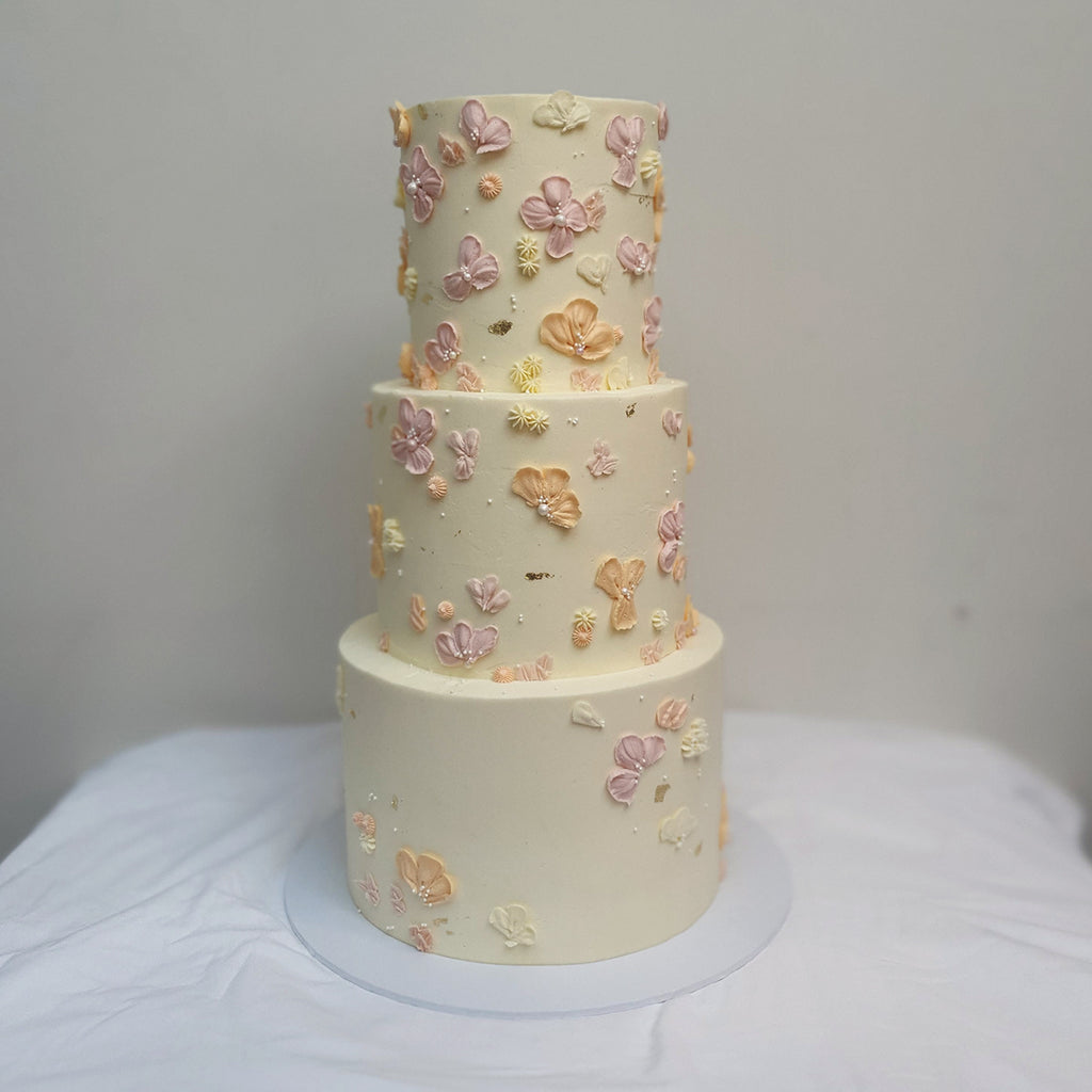 Cream Textured Flower Tiered Cake