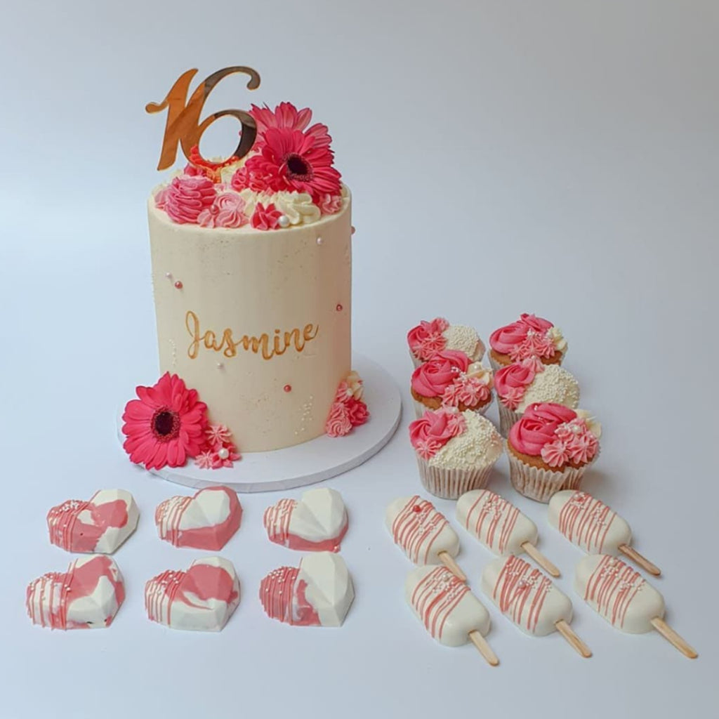 Cream & Pink Floral Cake & Desserts